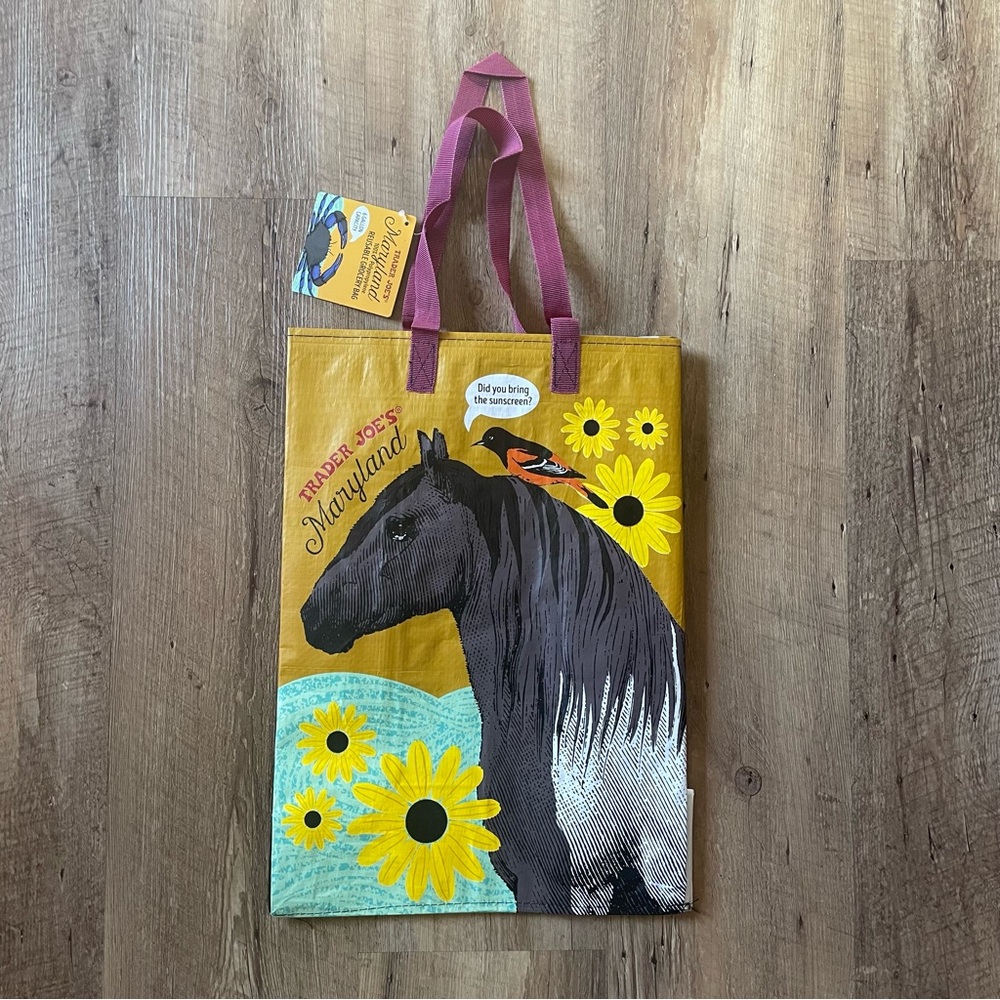 NWT Trader Joe's Maryland Reusable Grocery Tote Bag with Horse Sunflower Design